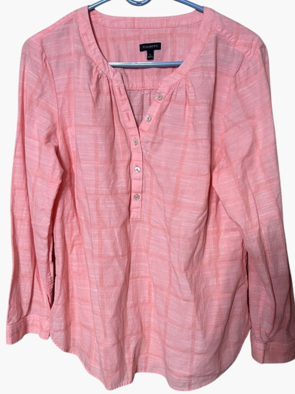 Talbots Women’s Large Rosy Peach Cotton Popover Blouse Split Neck Windowpane Lon